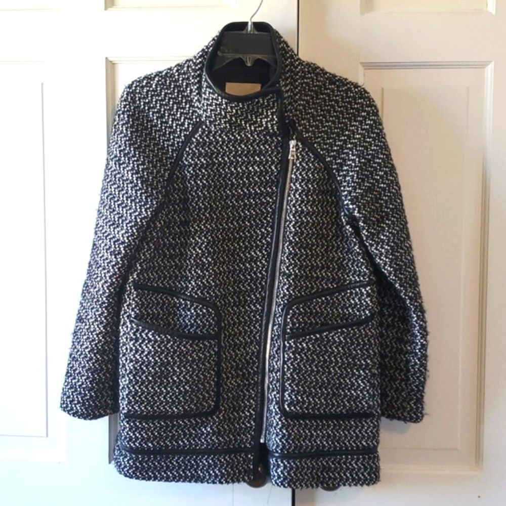 Rebecca Taylor Tweed Coat Leather Trim Black White Silver Size 4 Textured
